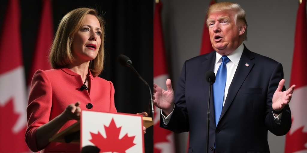 a split photo of a woman and a man speaking at a podium with canadian flags in the background and a
