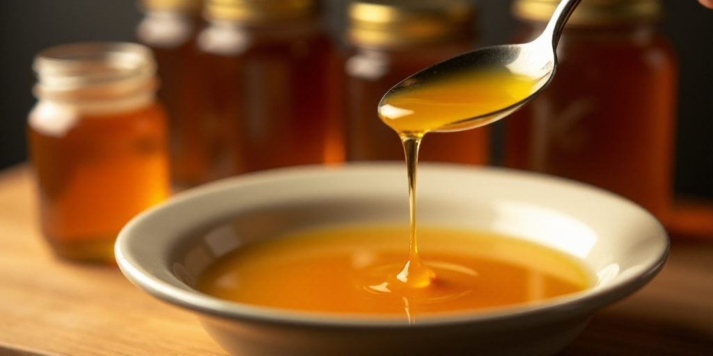 a spoon full of honey syrup being poured into a bowl of honey syrup with a stack of honey jars in th