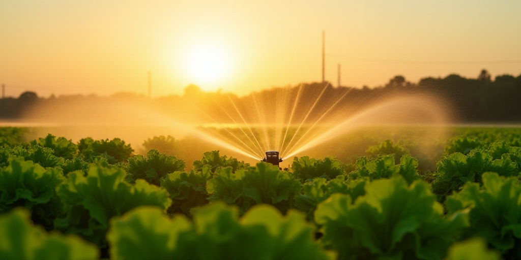 a sprinkler spraying water on a field of lettuce in the evening sun, with a sunset in the background