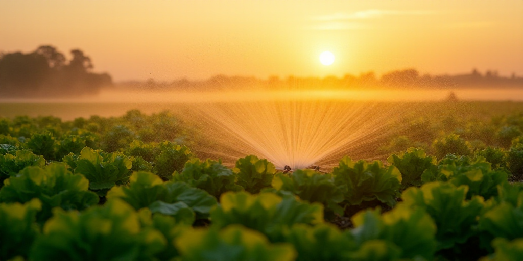 a sprinkler spraying water on a field of lettuce at sunset or dawn in the country, Andreas Gursky, o