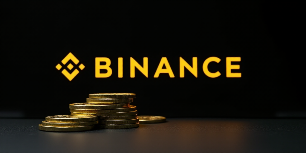 a stack of coins sitting next to a binance sign and binance logo on a black background with binance