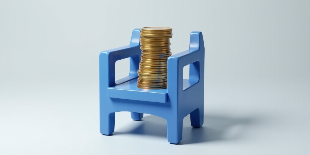 a stack of coins sitting on a blue chair with a blue base and arms on a white background, with a gra