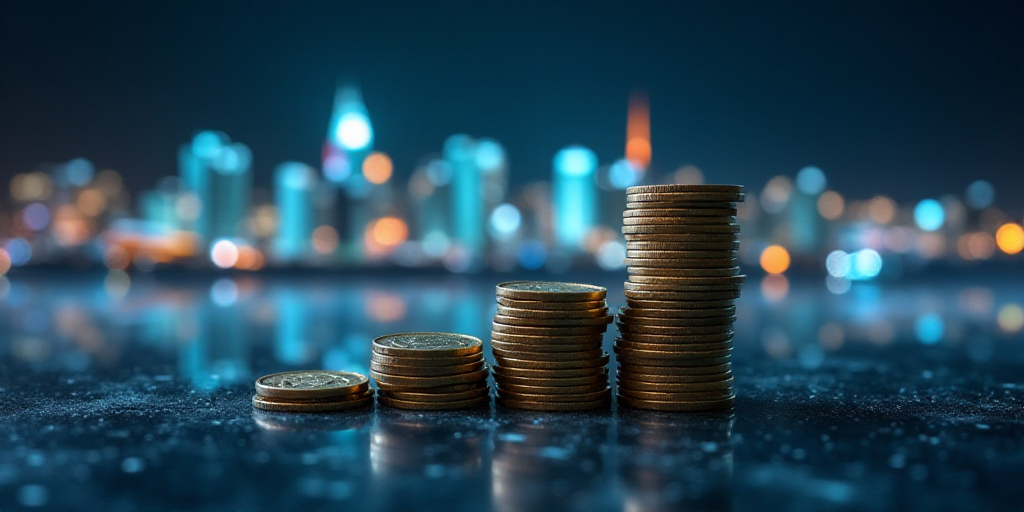 a stack of coins sitting on top of a table next to a city skyline with lines of dots and dots, Avgus