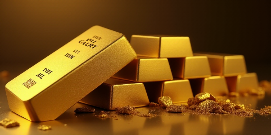 a stack of gold bars sitting on top of a table next to a pile of other gold bars on a table, Enguerr