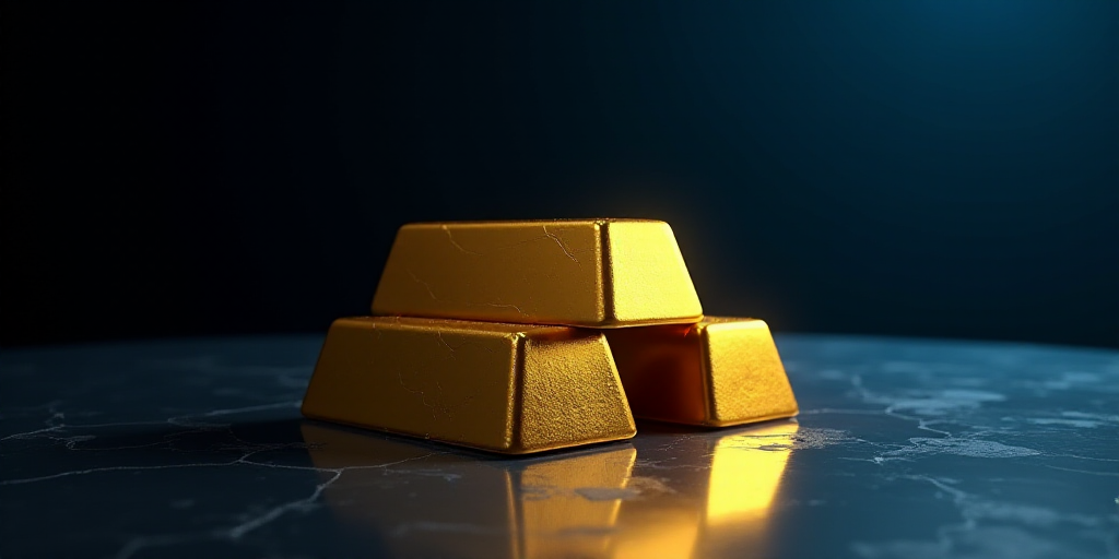 a stack of gold bars sitting on top of each other on a table top with a black background and a blue