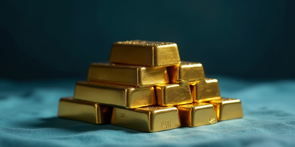 a stack of gold bars sitting on top of each other on a table top with a blue cloth underneath, Const