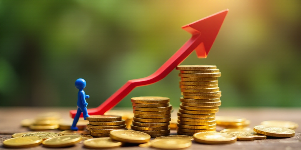 a stack of gold coins with a red arrow going up and a blue figure standing on top of it, Andries Sto