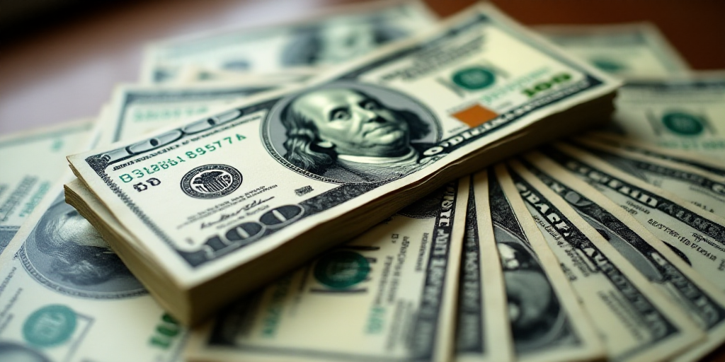 a stack of twenty dollar bills on top of a pile of other twenty dollar bills on a table top, Benjami