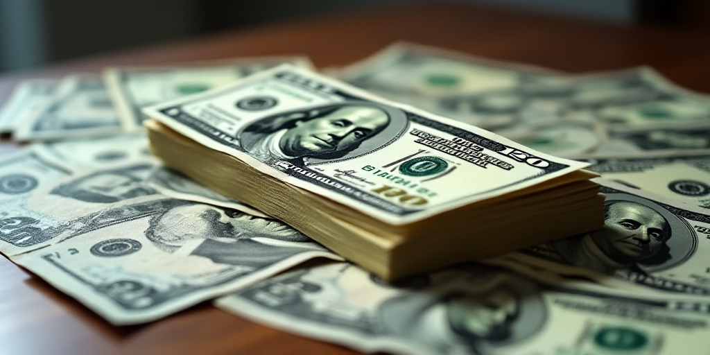 a stack of twenty dollar bills on top of a pile of other twenty dollar bills on a table top, Benjami