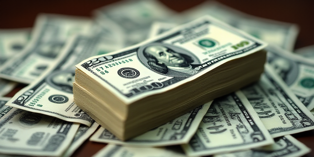 a stack of twenty dollar bills on top of a pile of other twenty dollar bills on a table top, Benjami