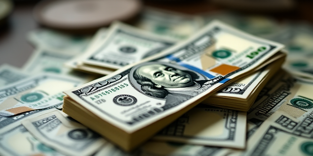 a stack of twenty dollar bills on top of a pile of other twenty dollar bills on a table top, Benjami