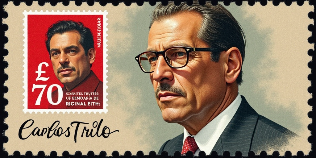 a stamp with a picture of a man wearing glasses and a tie on it's face, and a $ 70 stamp in the midd