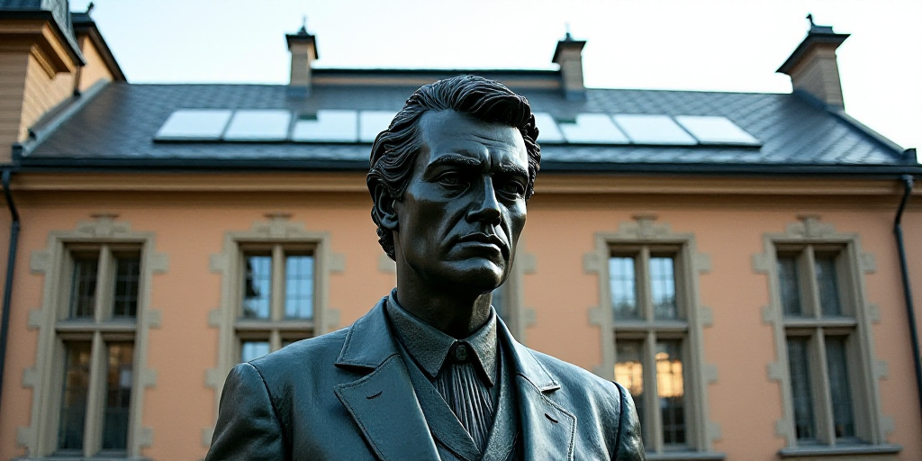 a statue of a man in front of a building with a skylight on top of it's roof, Carl Gustaf Pilo, fron