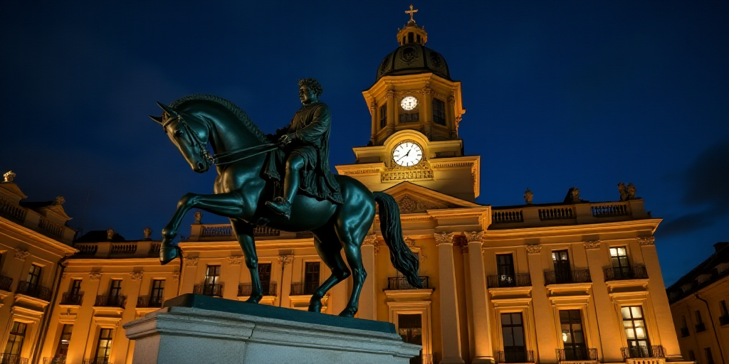 a statue of a man riding a horse in front of a building at night time with a lit up clock, Diego Vel