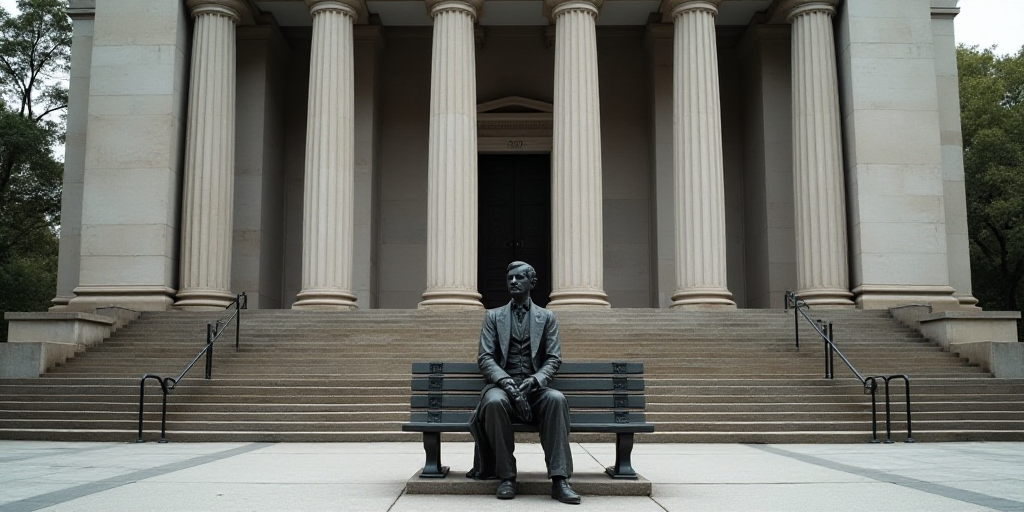 a statue of a man sitting on a bench in front of a building with columns and a staircase leading up