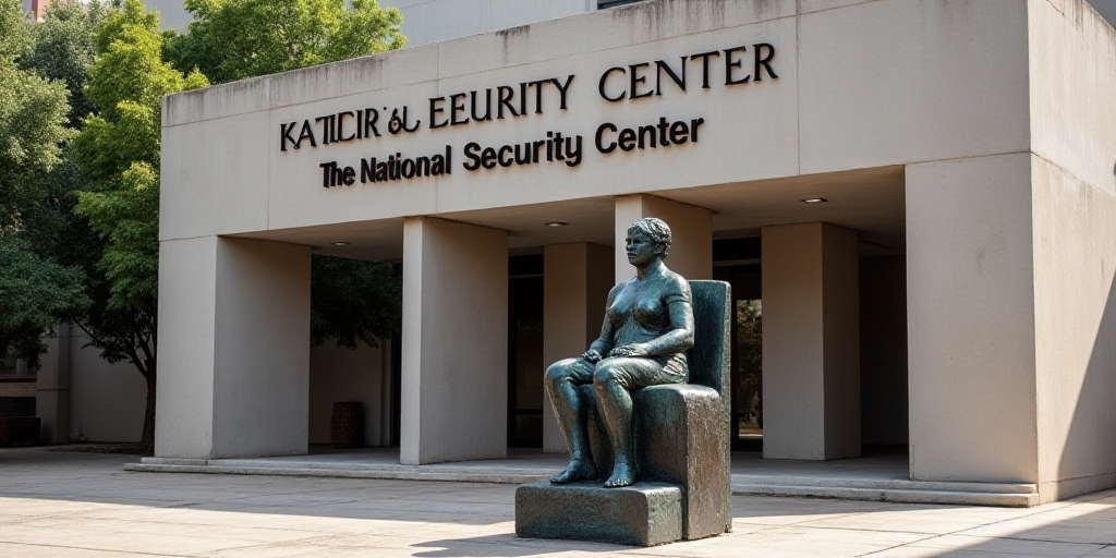 a statue of a woman sitting on a chair in front of a building with a sign that says the national sec