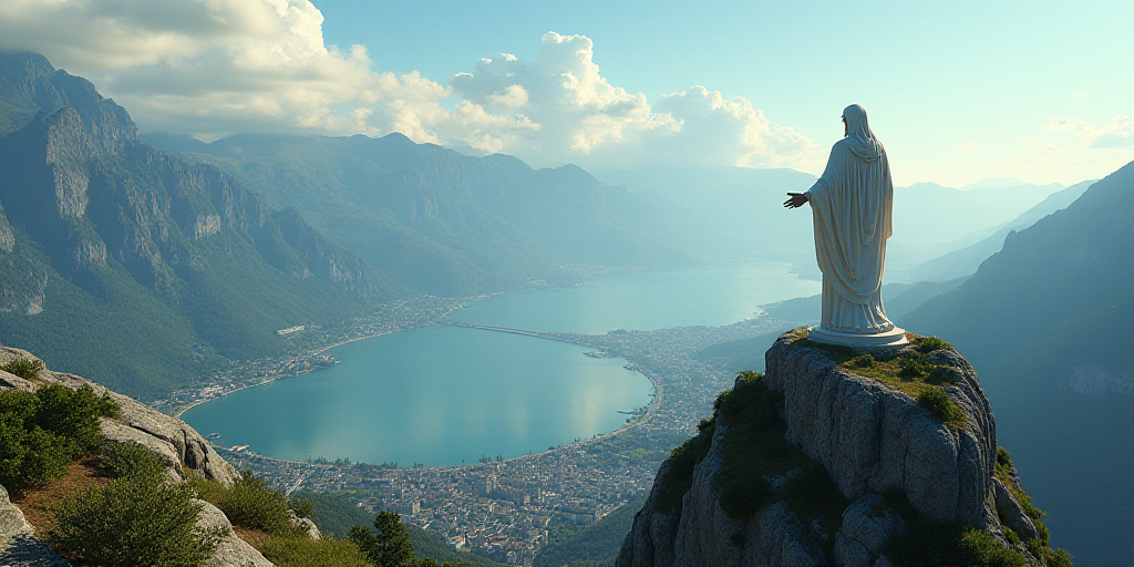 a statue of christ overlooking a city and a body of water with mountains in the background and a bod