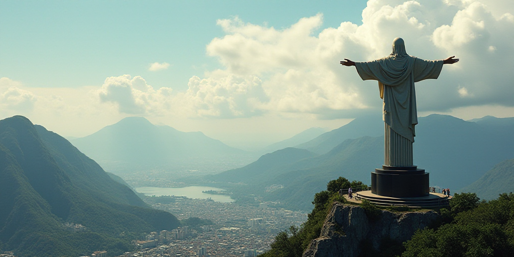 a statue of christ overlooking a city and mountains in rio, brazil, with a view of the city below, A