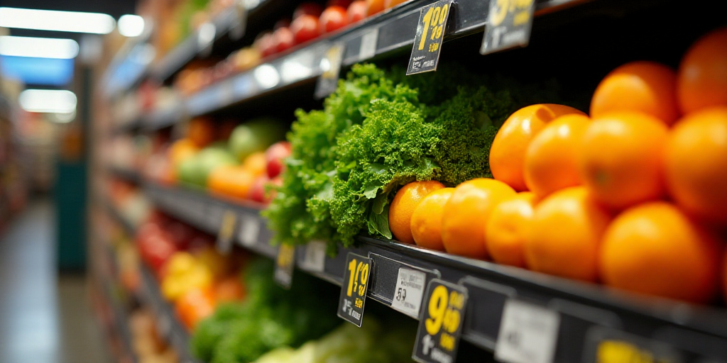 a store display with fresh produce for sale on the shelf and prices for each item on the shelf for $