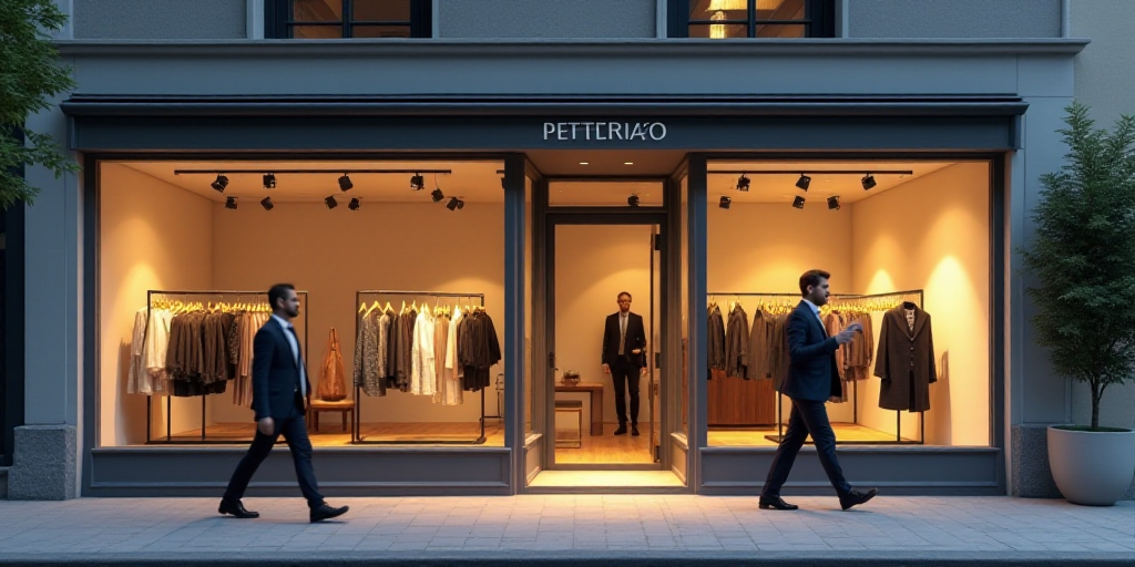 a store front with a couple of people walking in front of it and a man in a suit and tie, Anna Maria