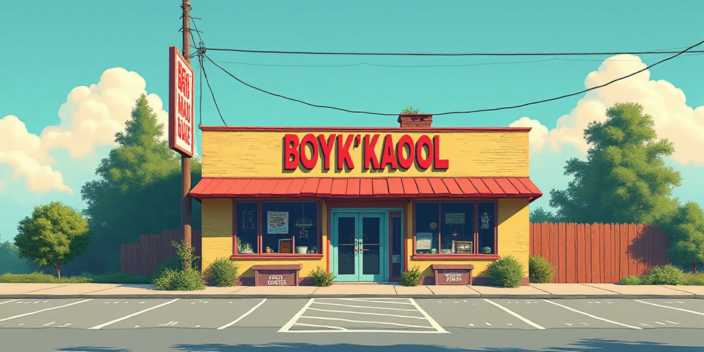 a store front with a sign that says boyk'kaool on it's side and a parking lot in front of it, Art &