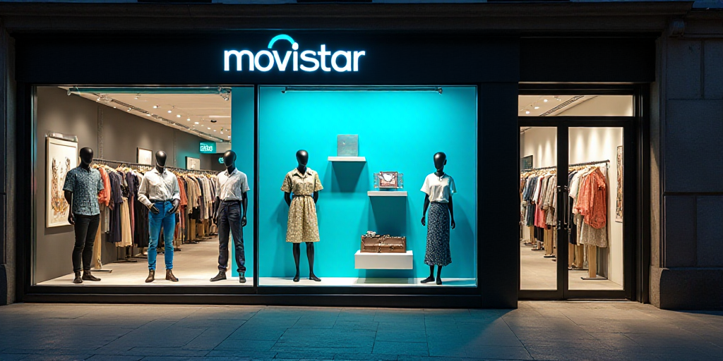 a store front with a sign that says movistar on it's window display window display, store displays,