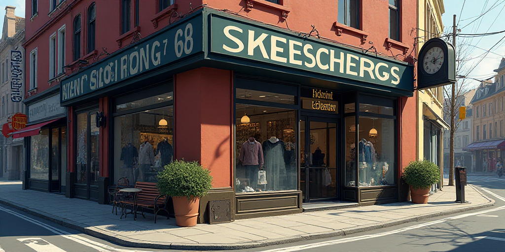a store front with a sign that says skeechers on it's side and a clock on the front, Florianne Becke