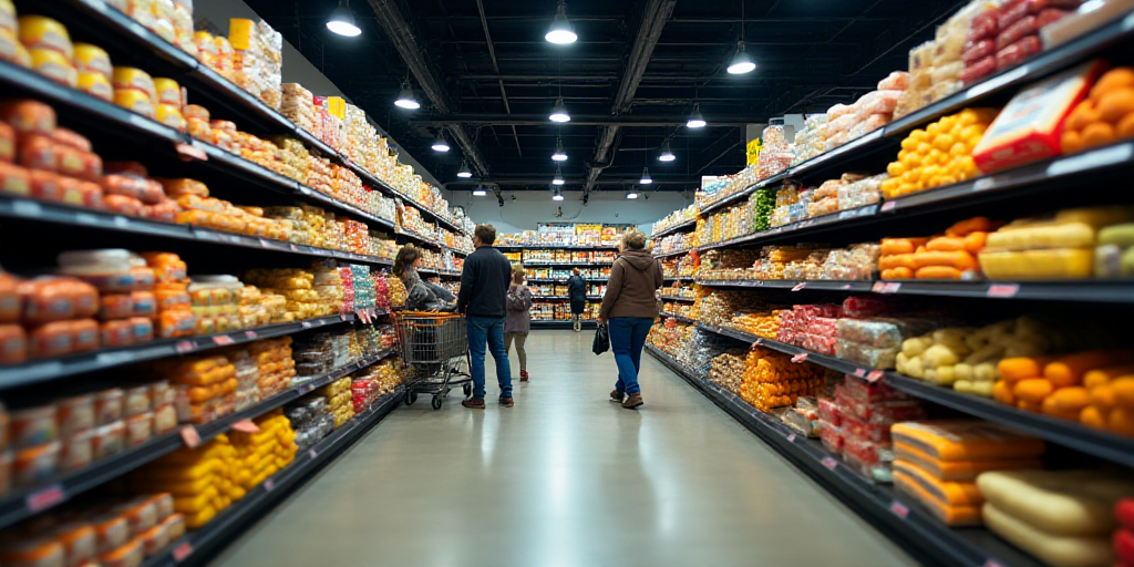 a store with a large amount of food on display in it's aisles and people shopping in the aisles, And