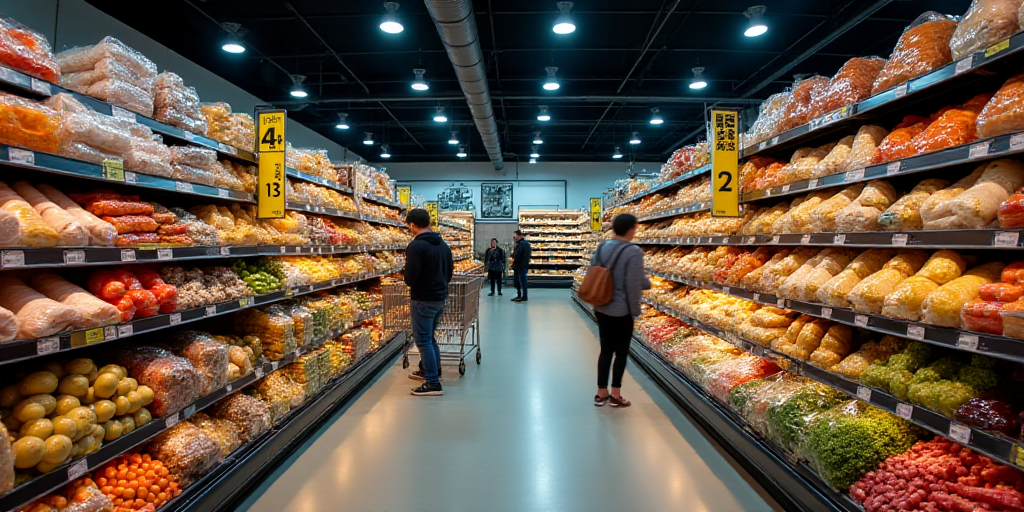 a store with a large amount of food on display in it's aisles and people shopping in the aisles, And