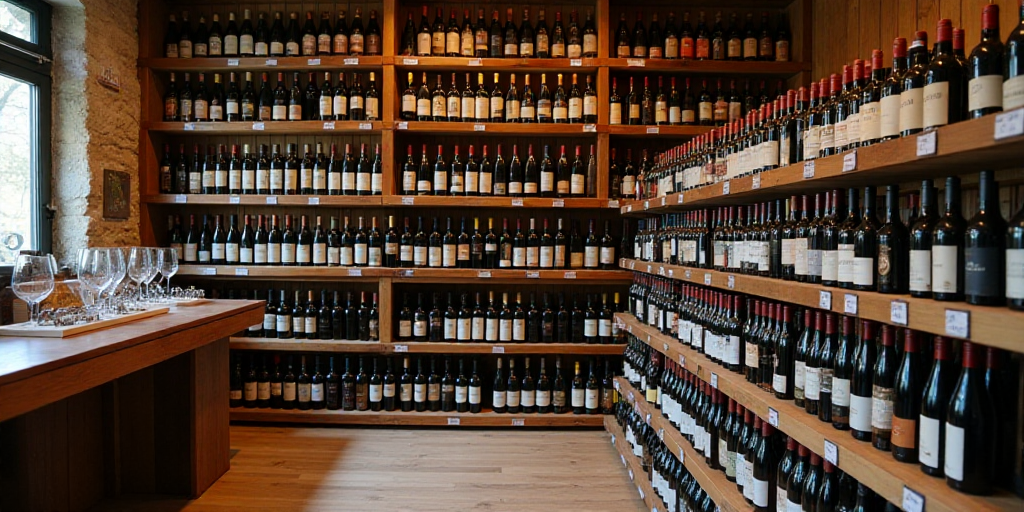 a store with a large display of wine bottles and wine glasses on the shelves and a sign that says sl