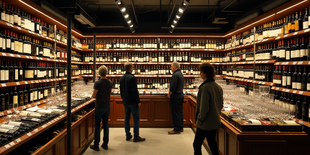 a store with a large display of wine bottles and wine glasses on the shelves and people looking at t