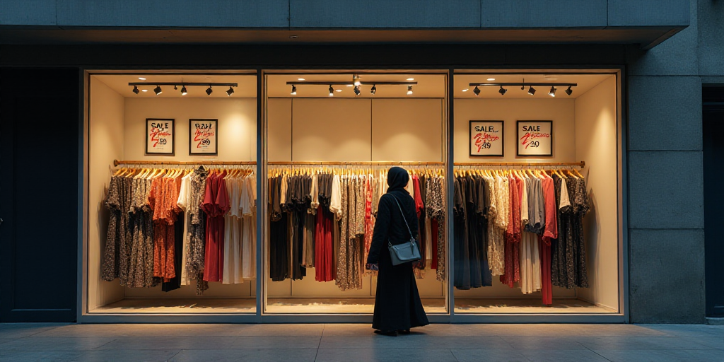 a store with a lot of clothes on display and people looking at them in the store window and looking