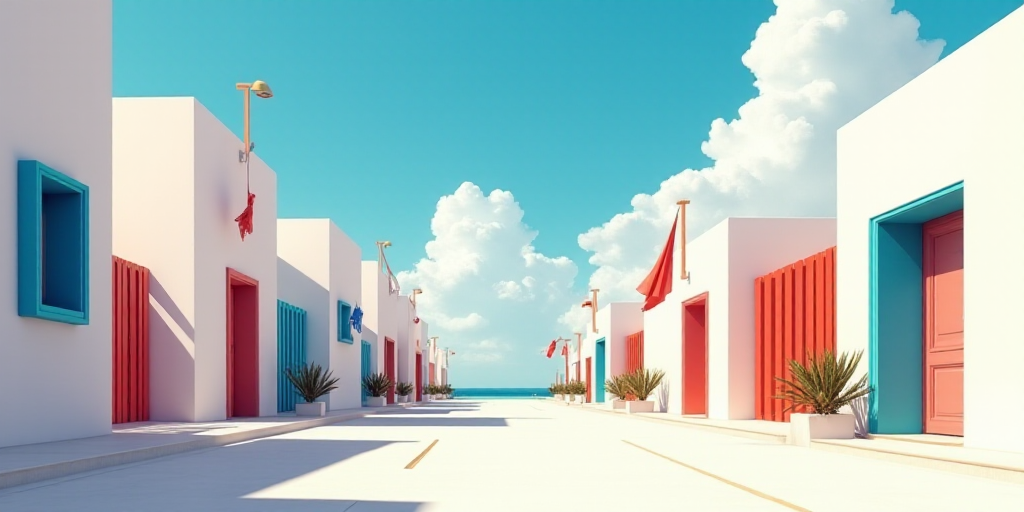a street lined with white buildings with colorful windows and flags flying in the wind on a sunny da