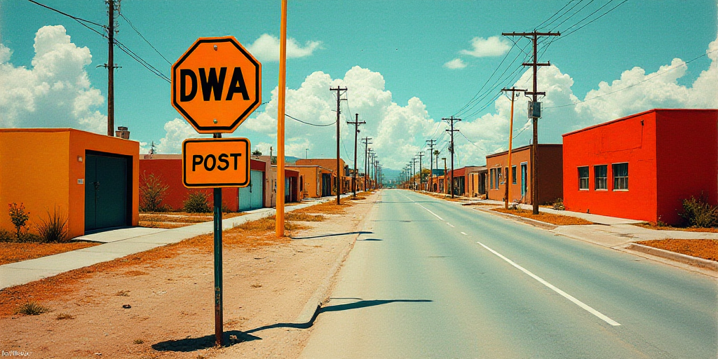 a street scene with focus on a sign and a street sign on the side of the road and a sky background,