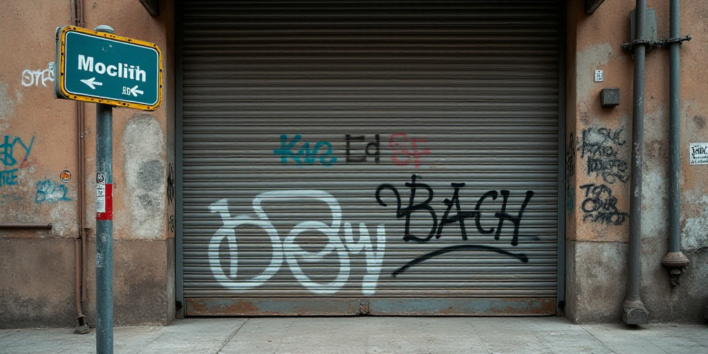 a street sign on a pole in front of a closed garage door with graffiti on it and a sign that says,,
