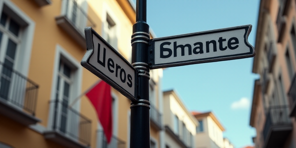 a street sign on a pole with a building in the background and a flag hanging on the wall street sign