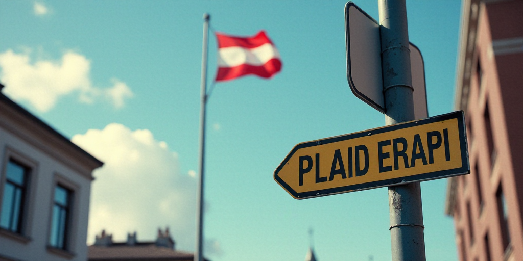 a street sign on a pole with a flag in the background of a building and a flag in the background, An