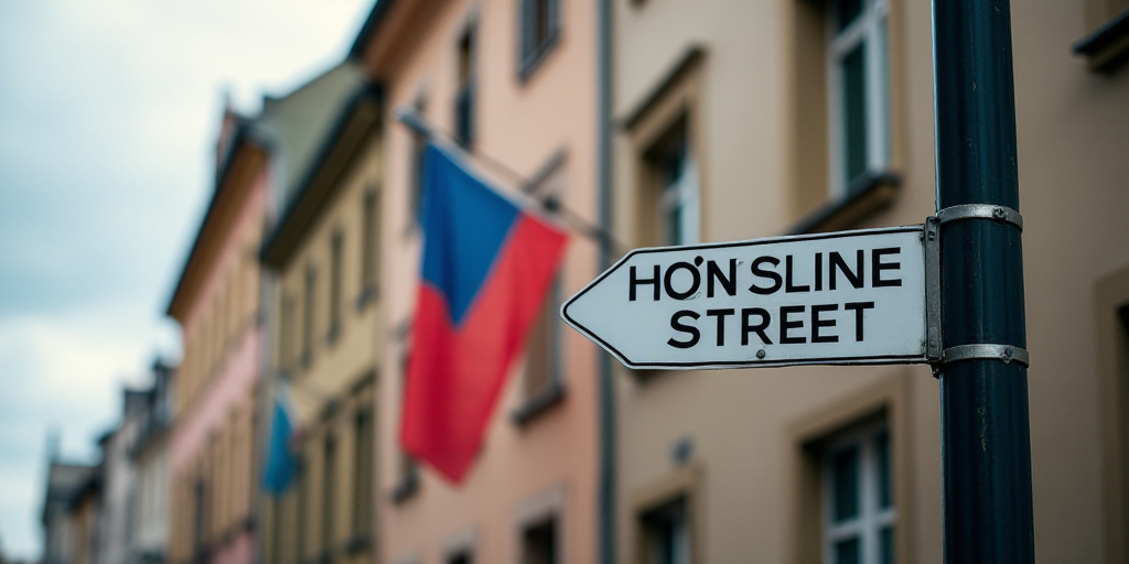 a street sign on a pole with a building in the background and a flag hanging on the wall street sign