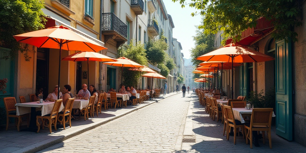 a street with tables and chairs and umbrellas on the side of it and people walking by the sidewalk,