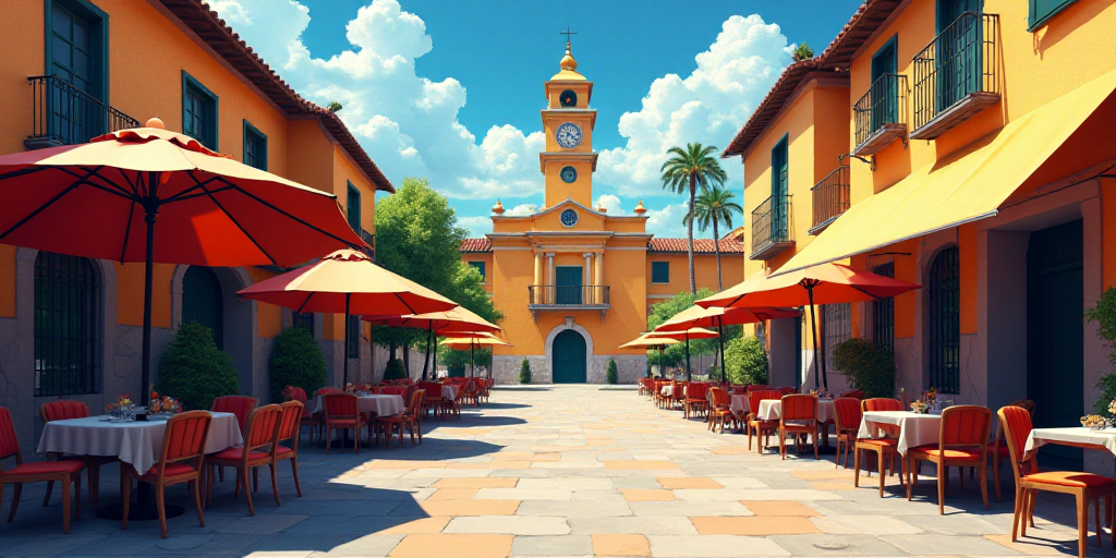 a street with tables and umbrellas on both sides of it and a building with a clock tower in the back