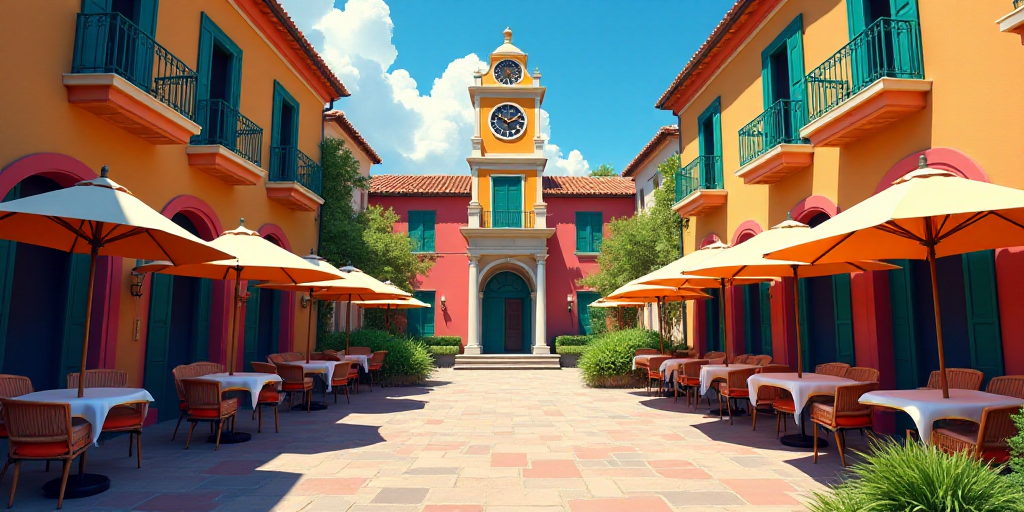 a street with tables and umbrellas on both sides of it and a building with a clock tower in the back