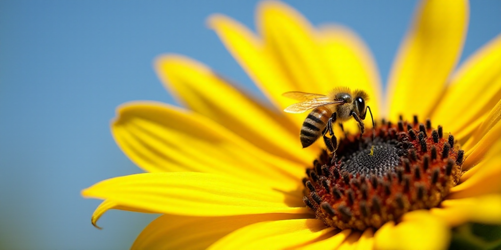 a sunflower with a bee flying by it on a sunny day with a blue sky in the background, Bernd Fasching