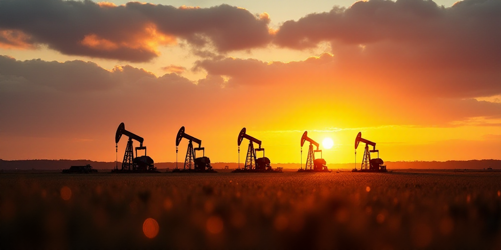 a sunset view of oil pumps in the middle of a field with a sky background and clouds in the backgrou