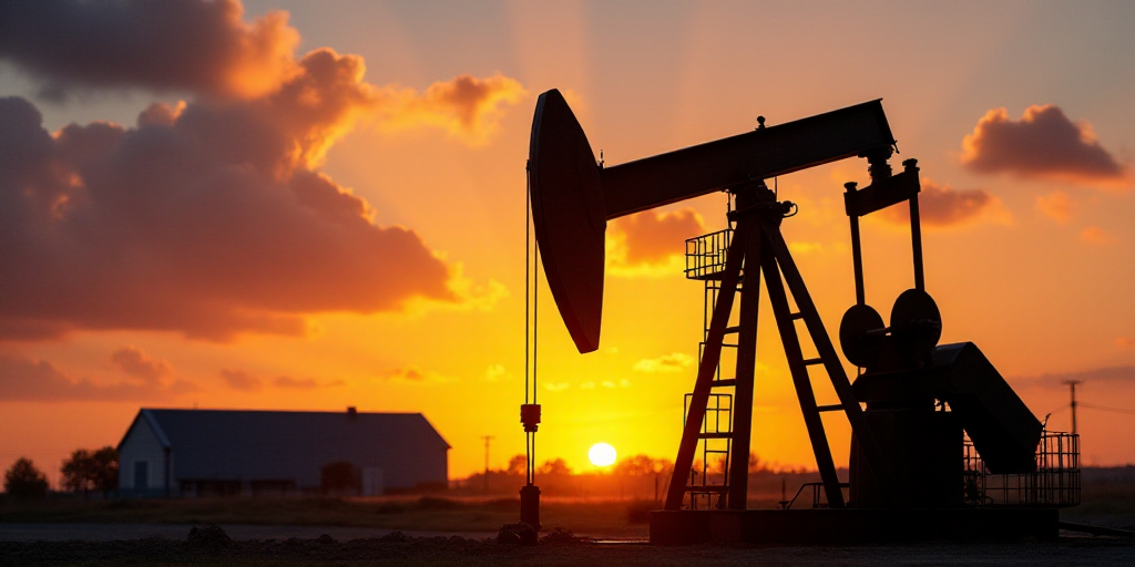 a sunset with a pump jack in the foreground and a building in the background with clouds in the back