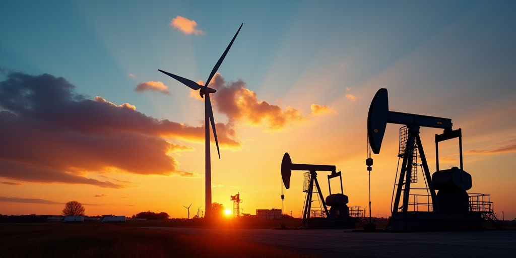 a sunset with oil pumps and a windmill in the background with a blue sky and clouds in the foregroun