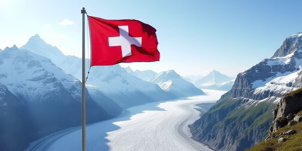 a swiss flag flying in front of a glacier and mountains with a glacier behind it and a glacier in th