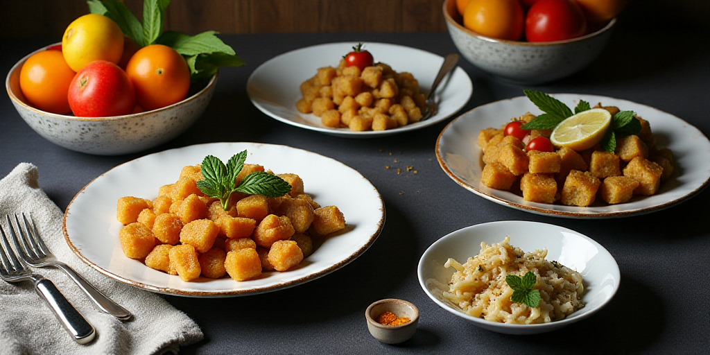 a table topped with plates of food and bowls of fruit and vegetables next to a knife and fork and a