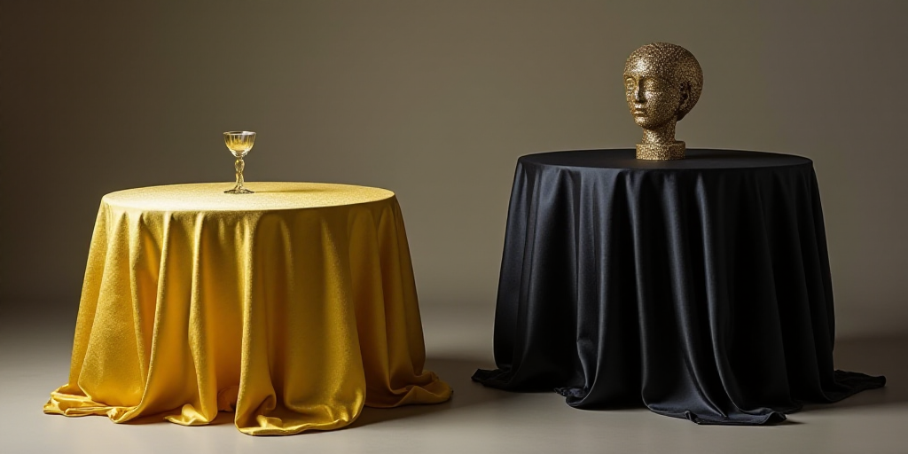 a table with a black table cloth and a yellow table cloth on it and a black table with a black table