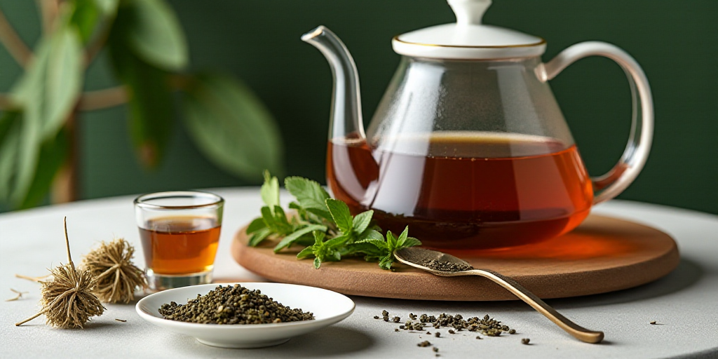 a table with a variety of herbs and a teapot on it, with a spoon and a glass of tea, Évariste Vital