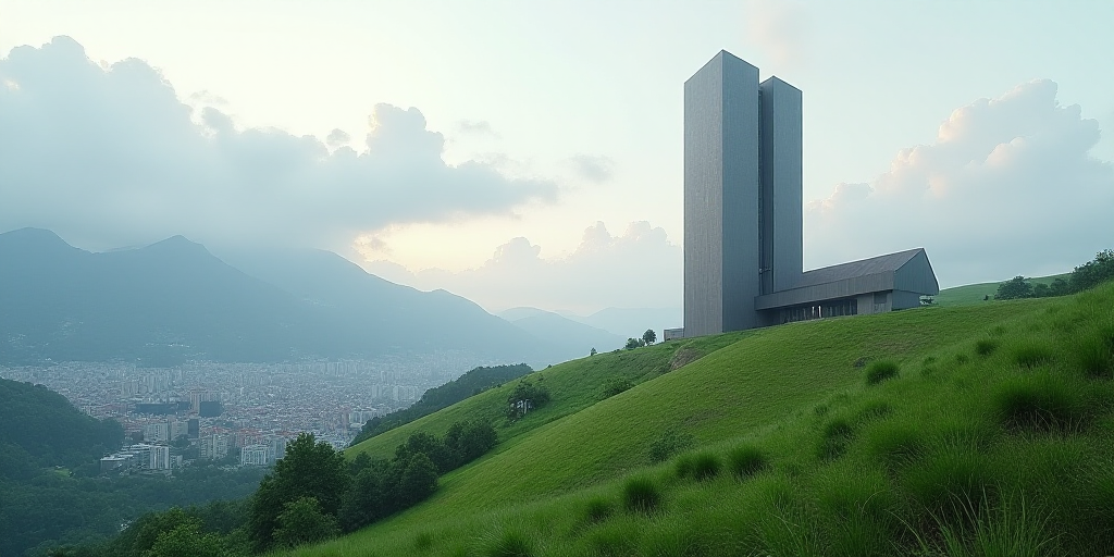 a tall building sitting on top of a lush green hillside next to a city under a cloudy sky with mount